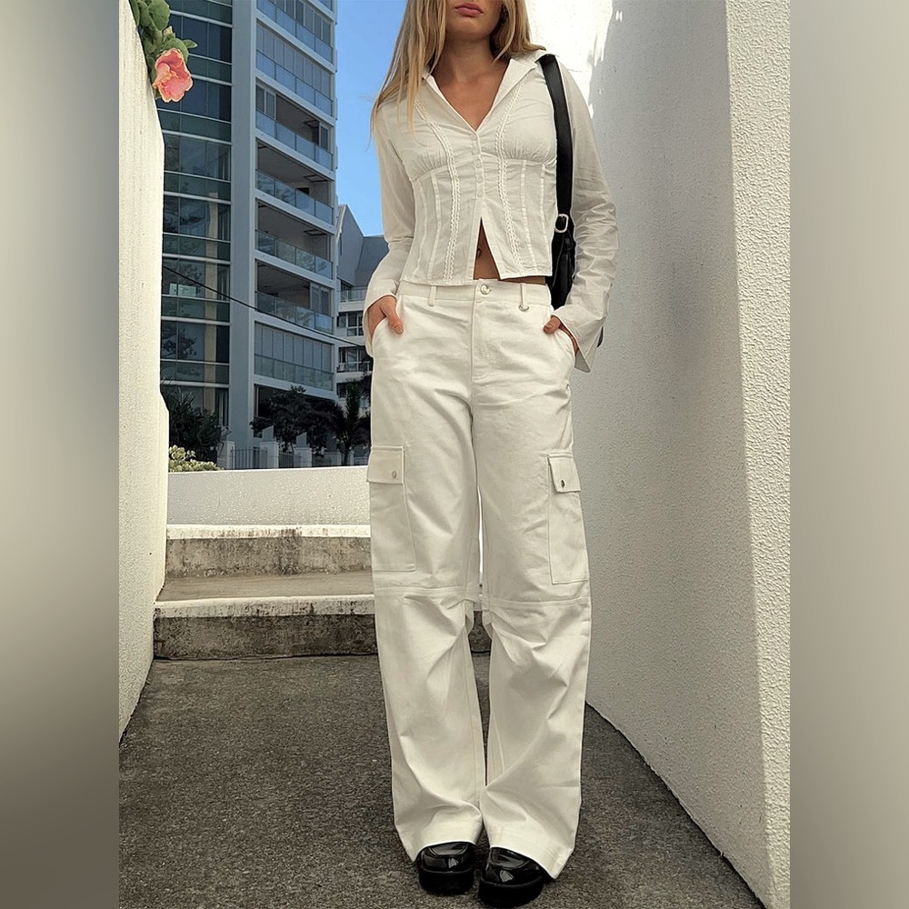 NEW Princess Polly FALLOUT MID RISE CARGO PANTS WHITE